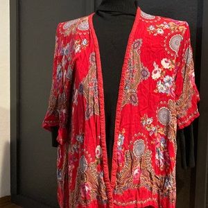 Medium -large red floral boho wrap. Cute with jeans or denim shorts.